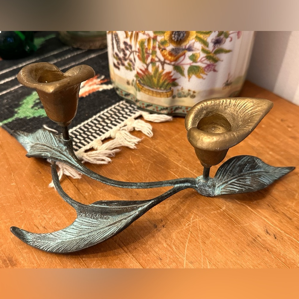 Vintage Calla Lilly Brass and Verdigris Double Candle Holder